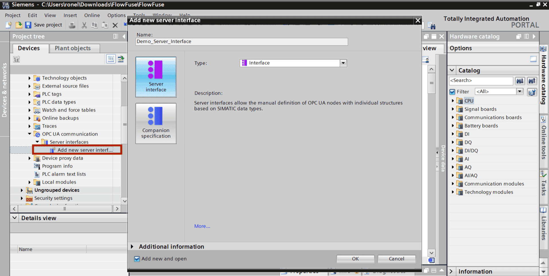 Adding OPC UA server interface in TIA Portal