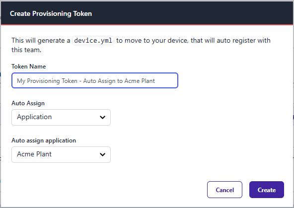 Screenshot of creating a provisioning token
