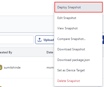 Image showing the 'Deploy Snapshot' option in the menu