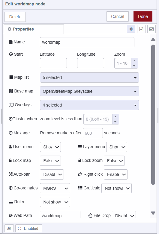 Screenshot displaying the configuration of the Worldmap custom node "Screenshot displaying the configuration of the Worldmap custom node"