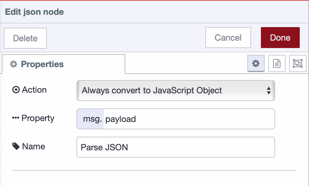 JSON node configured to parse stored JSON string back to object